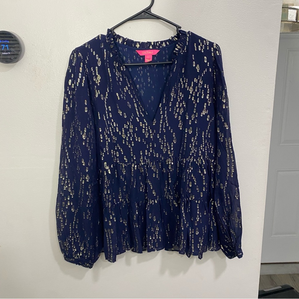 Lilly Pulitzer Sarita‎ Silk Top Navy Good Sz 10